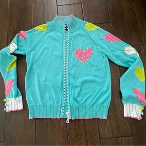 Vintage Berek Blue Cardigan with Sequins, Beads, and Hearts size M